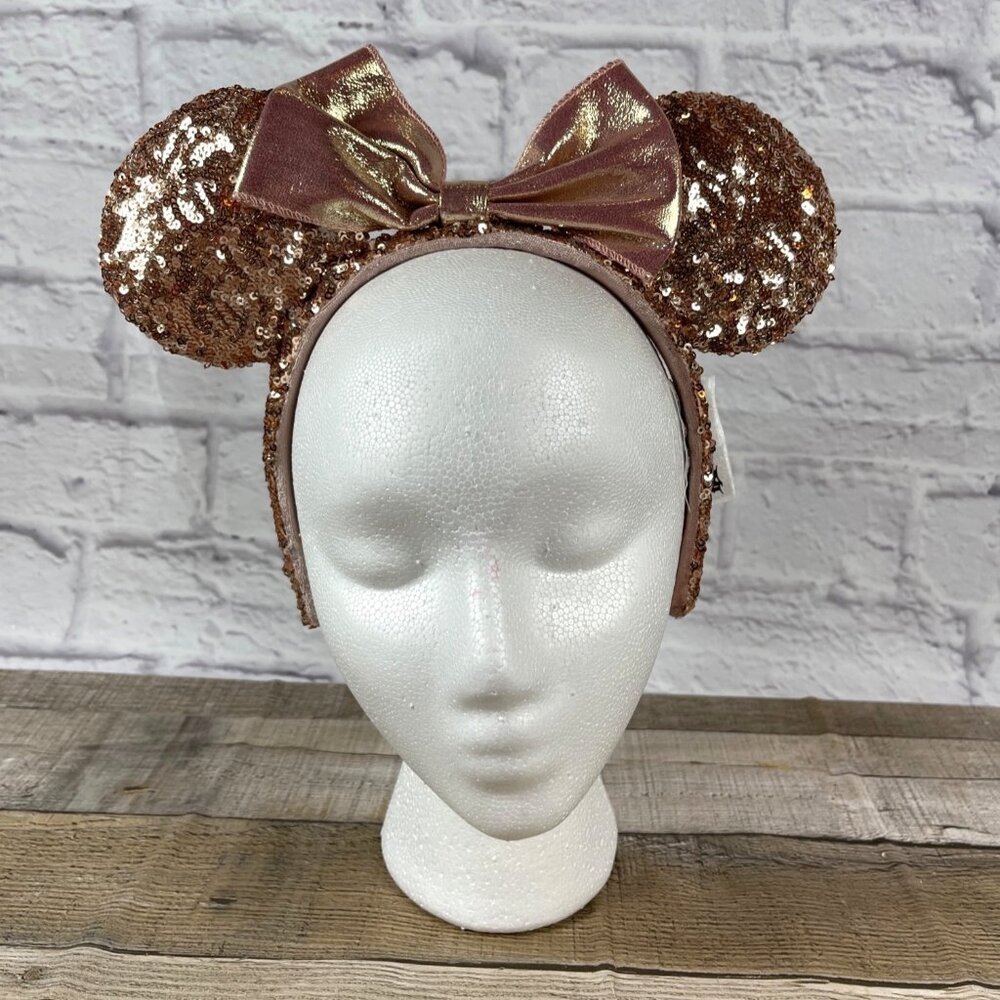 Rose Gold Walt Disney Parks Minnie Mickey Mouse Ears Headband Bow Pink Sequins - Picture 4 of 12